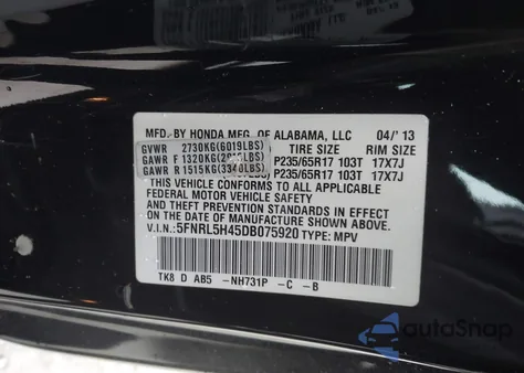 2013 Honda Odyssey Ex z USA, uszkodzony, nr VIN 5FNRL5H45DB075920